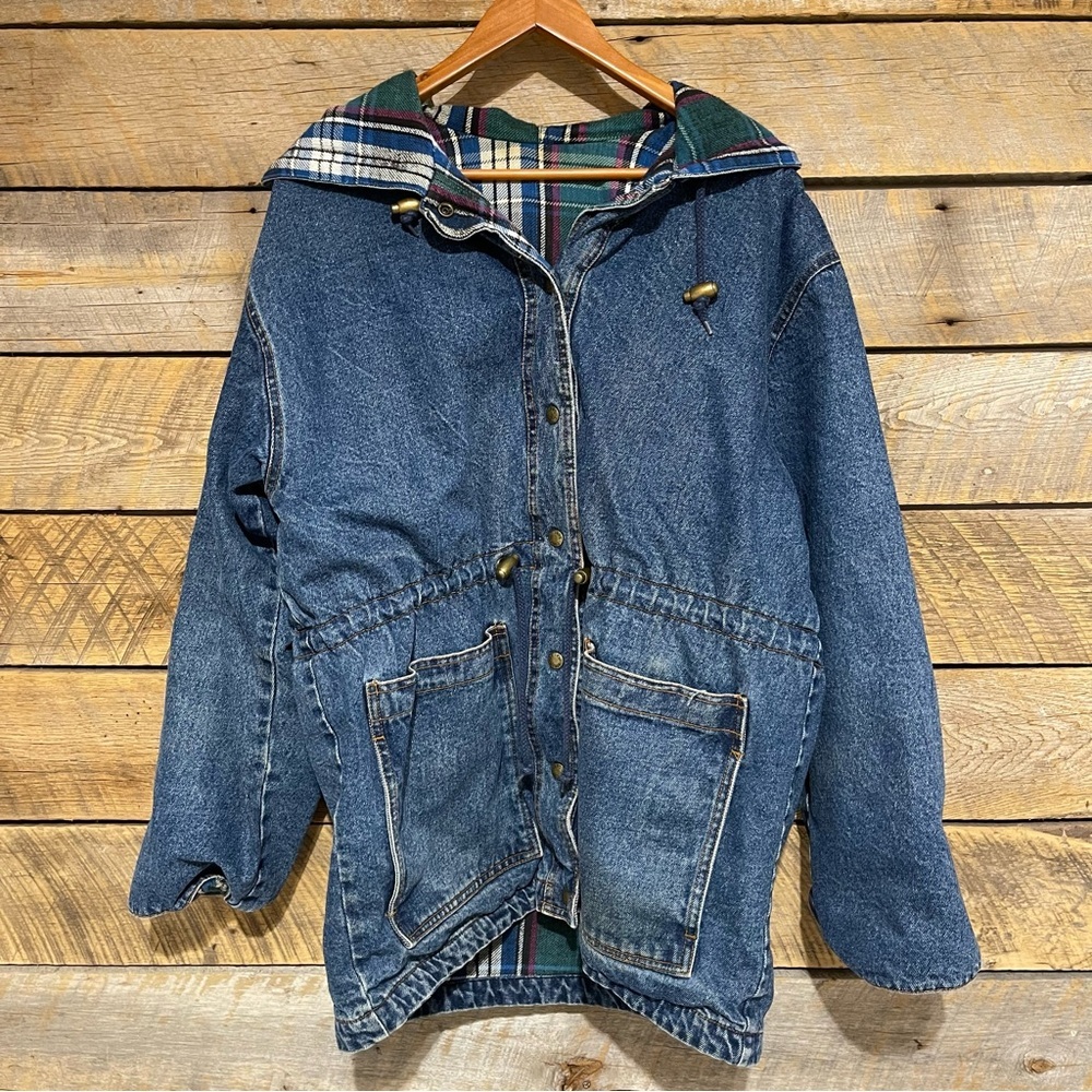 VTG Current Seen Denim Plaid Reversible Hooded Jacket Women’s Medium 80s 90s